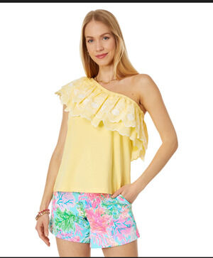 Lilly Pulitzer Kym Ruffle Shoulder Top XS NWOT Yellow Eyelet Embroidered Floral